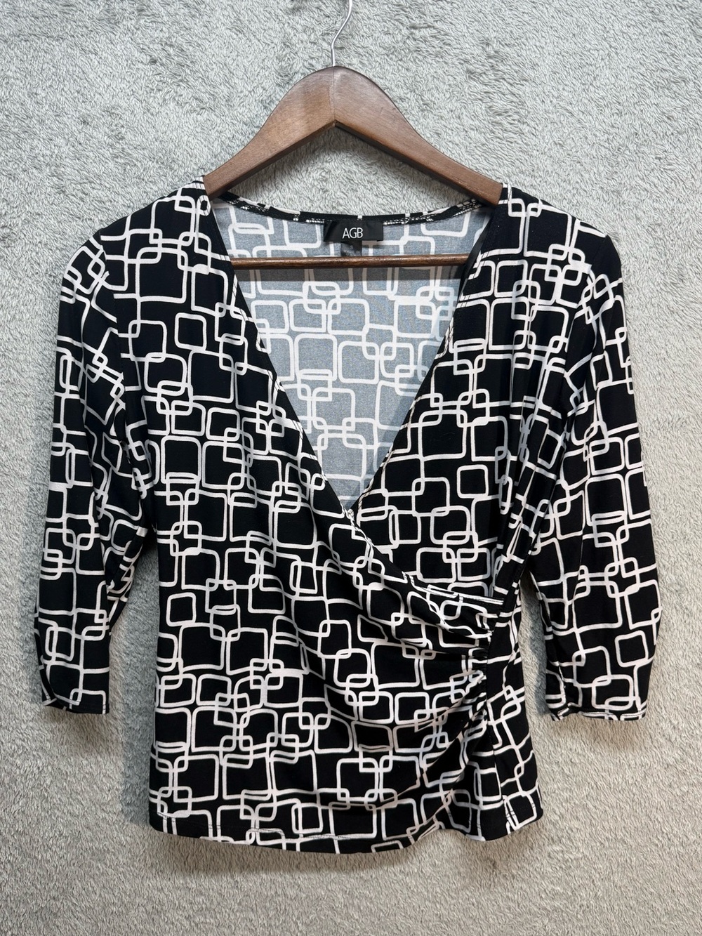 AGB Black White Geometric Square Print Wrap Top 3/4 Sleeve Blouse Small